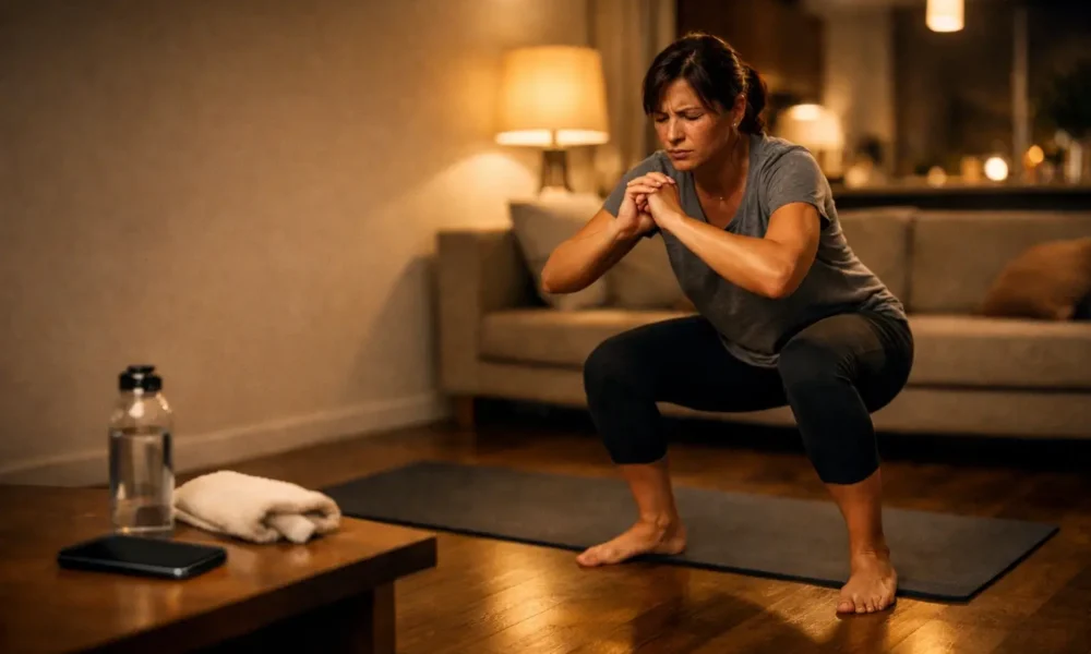 Person doing a 10-minute workout at home at night