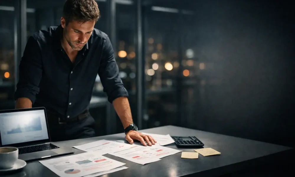 Founder reviewing a pitch deck in a modern office at night