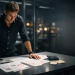 Founder reviewing a pitch deck in a modern office at night
