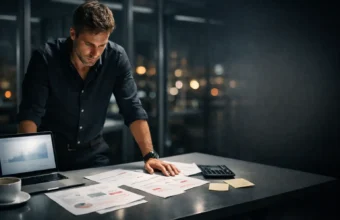 Founder reviewing a pitch deck in a modern office at night