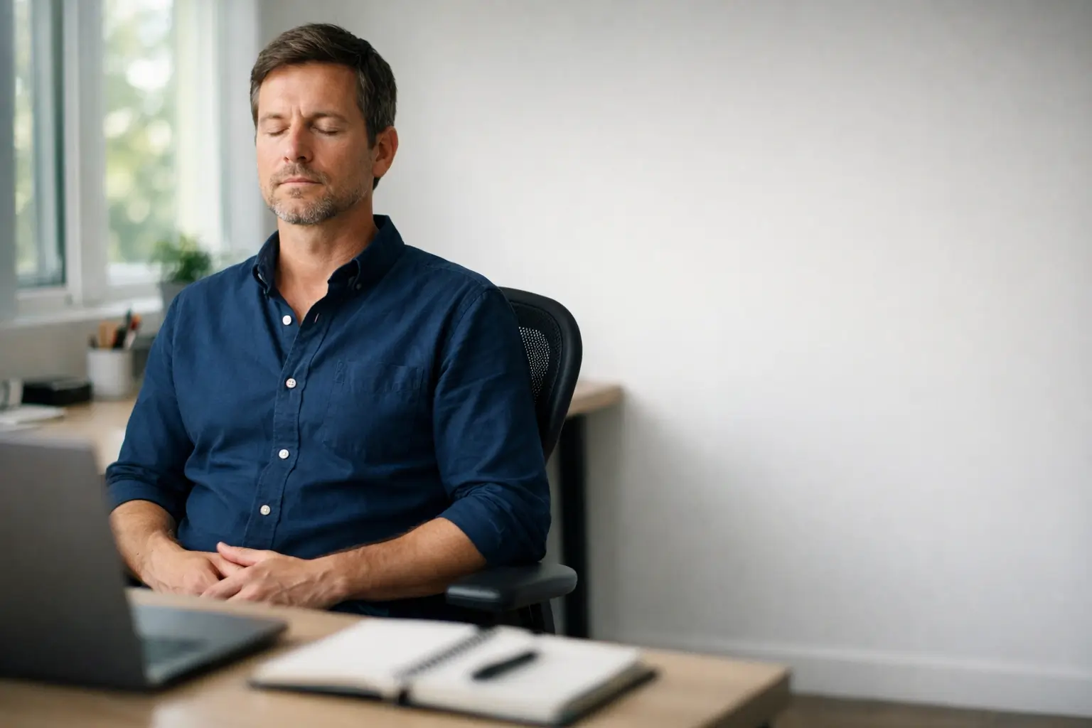 Person doing a breathing reset at a desk