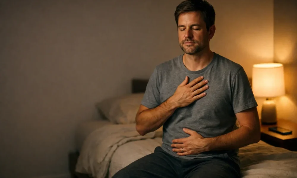 Person doing 4-7-8 breathing on a bed at night