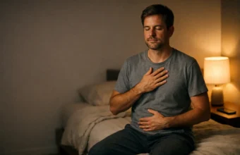 Person doing 4-7-8 breathing on a bed at night