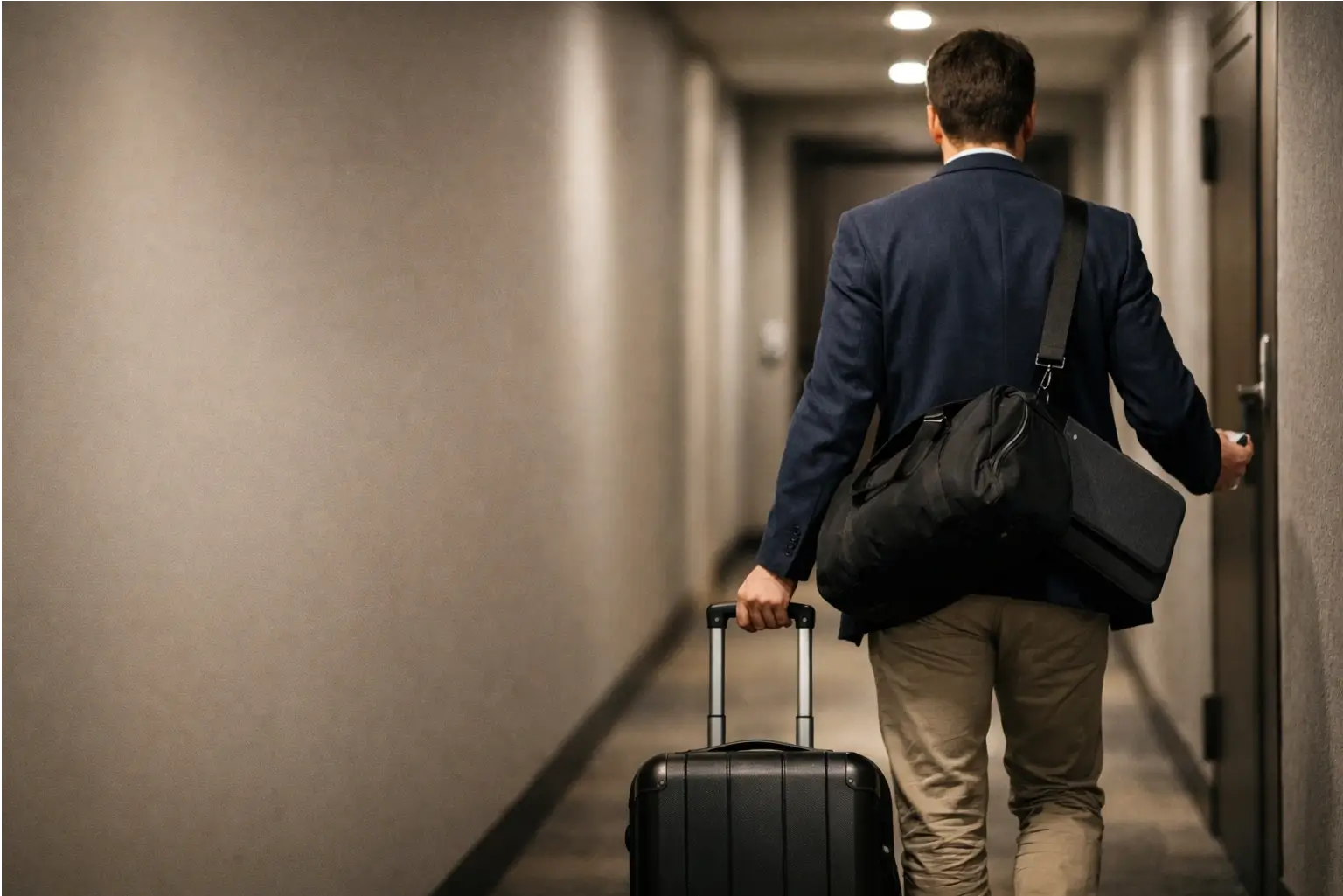 A renter arriving for a monthly stay with a suitcase