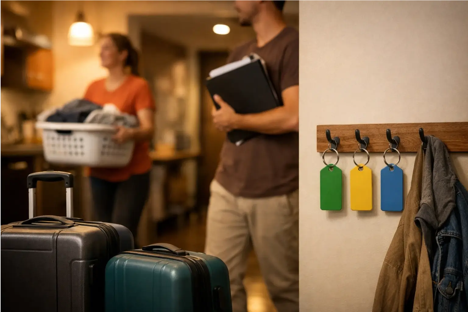 Flatshare scene with suitcases and renters in a shared home