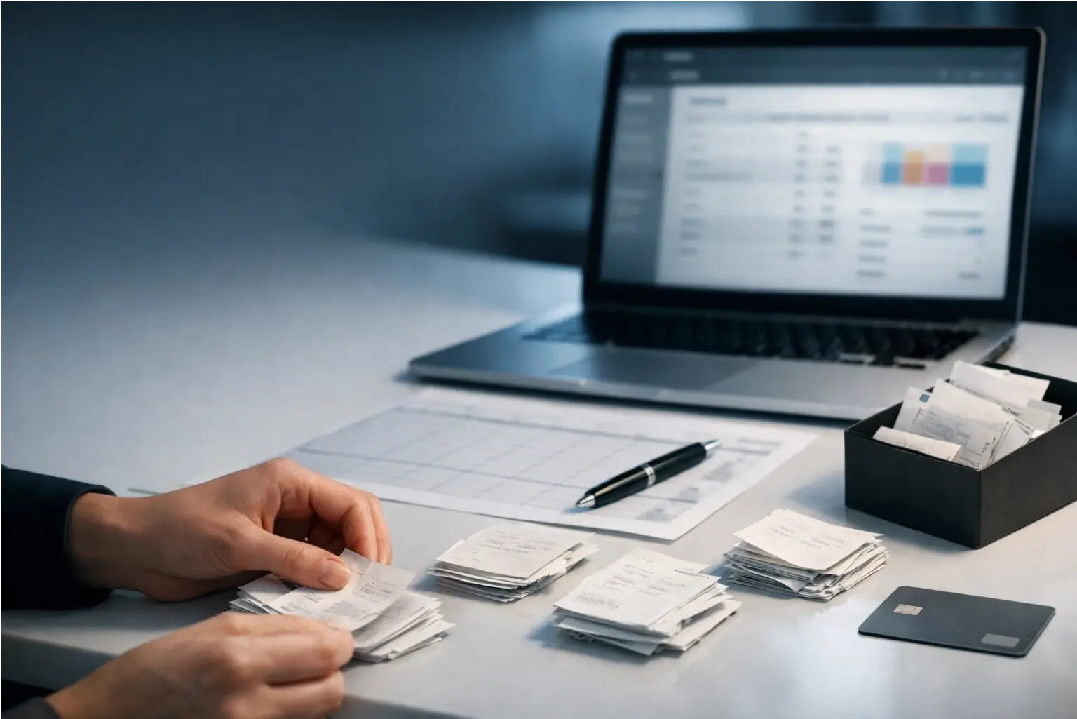 Hands sorting receipts and tracking side hustle costs on a laptop