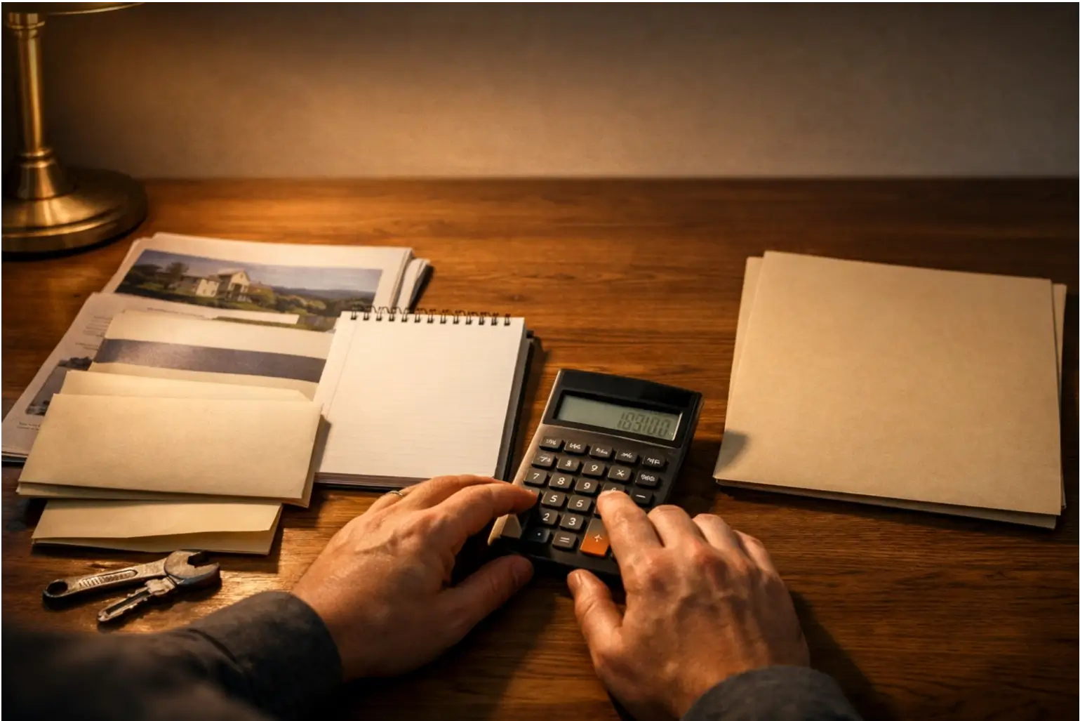 Hands using a calculator to plan buying and renting costs