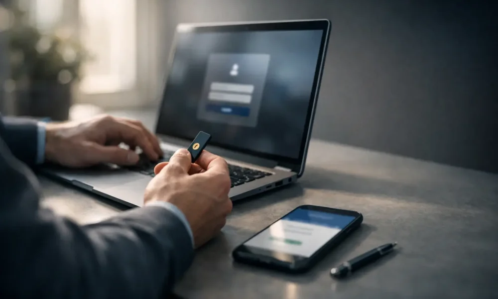 Person using a security key to sign in on a laptop