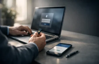 Person using a security key to sign in on a laptop