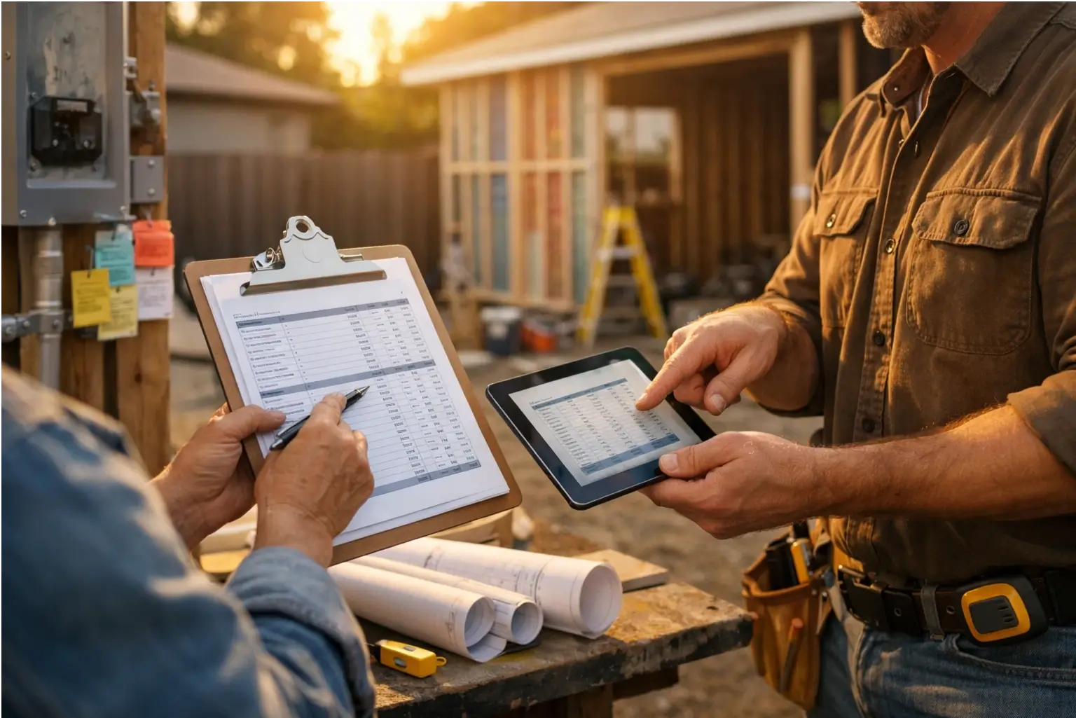 Homeowner and contractor reviewing ADU construction costs outside