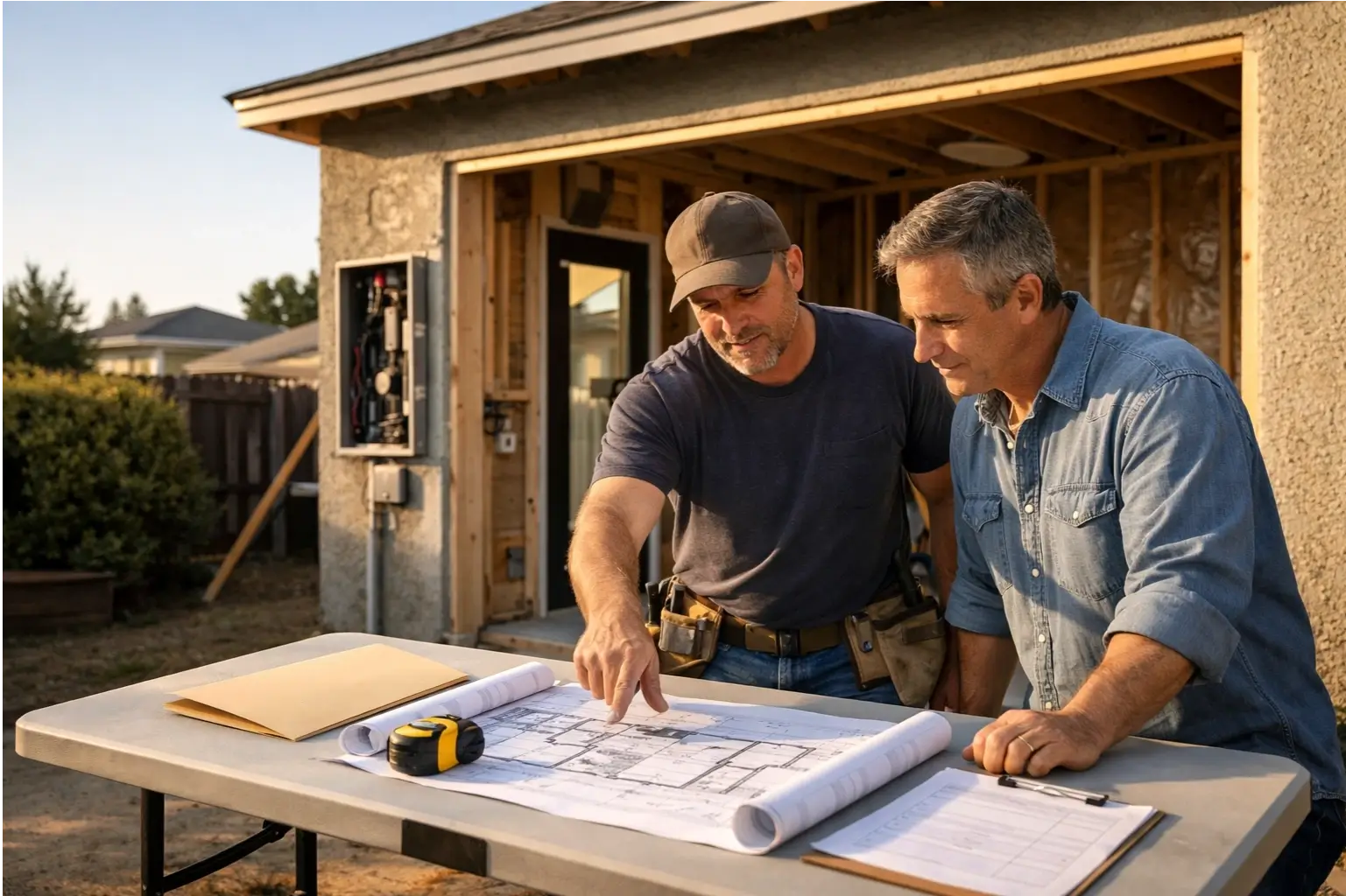 Contractor and homeowner reviewing ADU plans at a job site