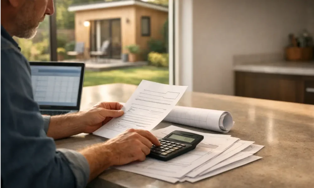 Homeowner planning ADU financing with papers and a calculator