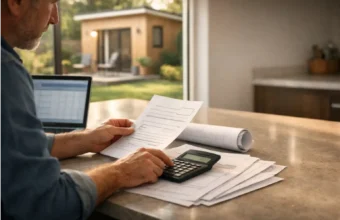 Homeowner planning ADU financing with papers and a calculator