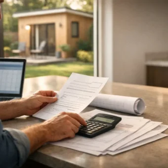 Homeowner planning ADU financing with papers and a calculator