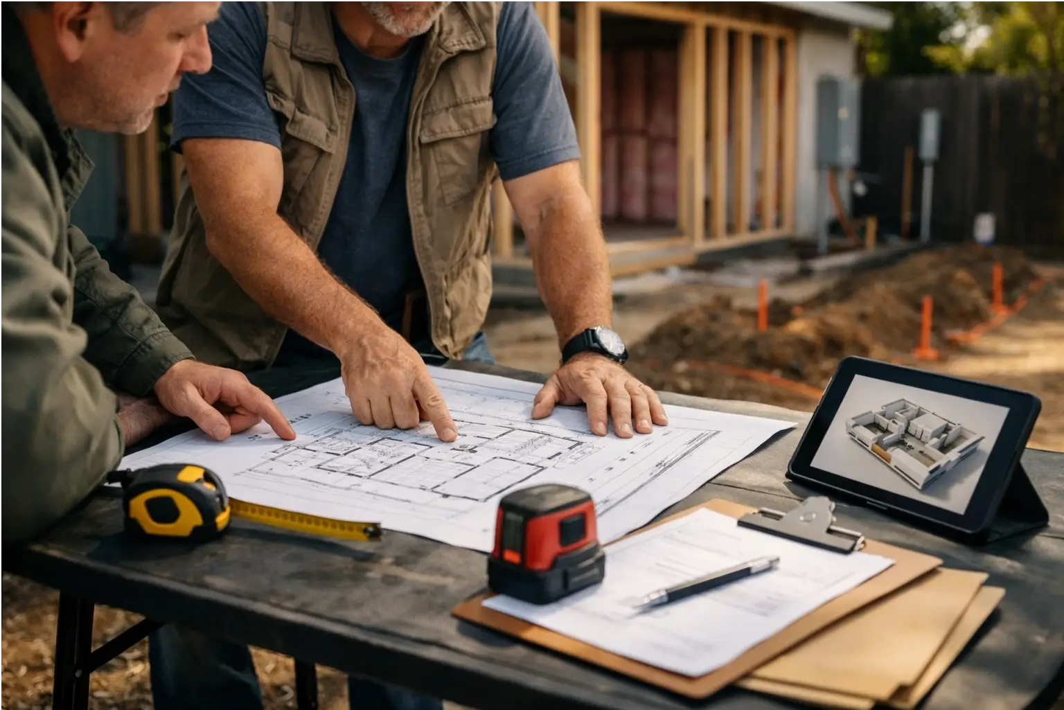 A homeowner and contractor reviewing ADU plans outdoors
