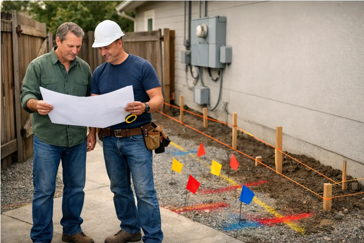Homeowner and contractor measuring space for an ADU build