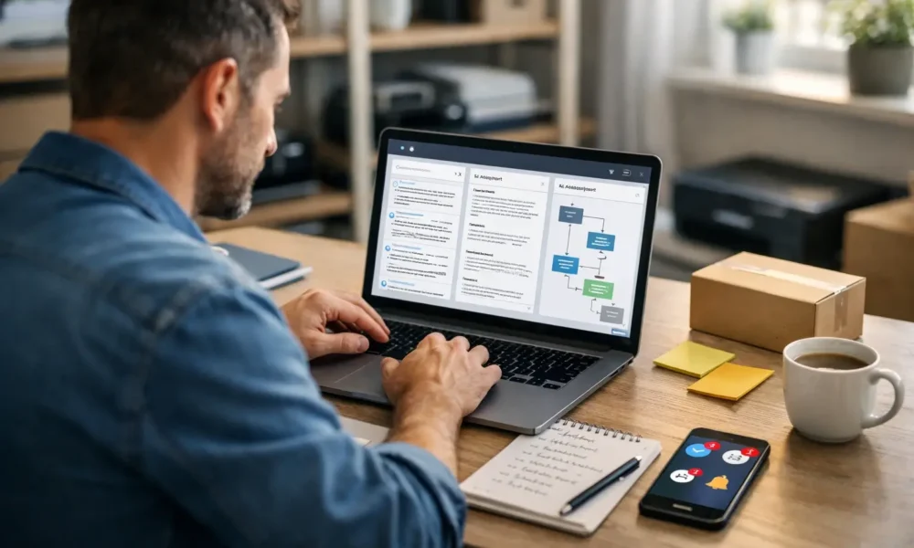 Small business owner using AI tools on a laptop in a modern workspace.