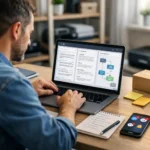 Small business owner using AI tools on a laptop in a modern workspace.