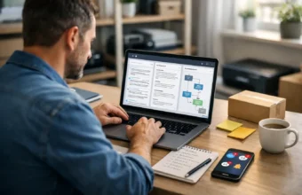 Small business owner using AI tools on a laptop in a modern workspace.
