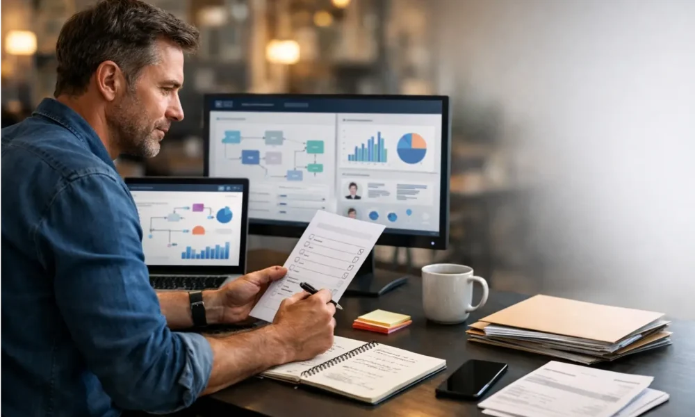 Small business owner using AI tools while reviewing work at a desk