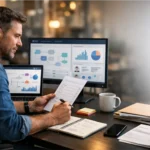 Small business owner using AI tools while reviewing work at a desk