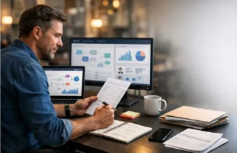 Small business owner using AI tools while reviewing work at a desk