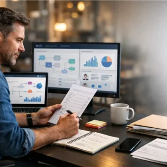 Small business owner using AI tools while reviewing work at a desk