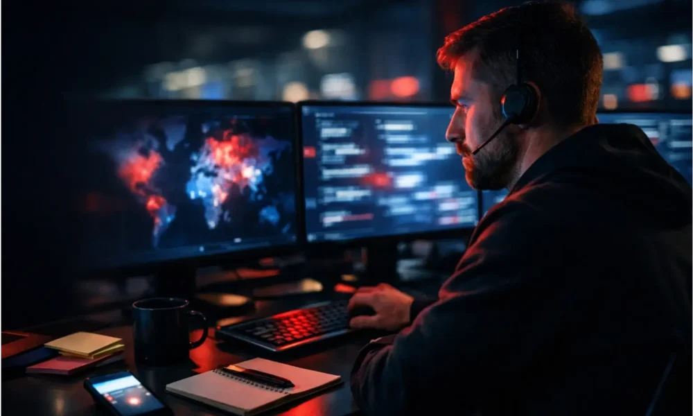 A security analyst monitors cyber threats on multiple screens.