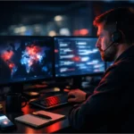 A security analyst monitors cyber threats on multiple screens.