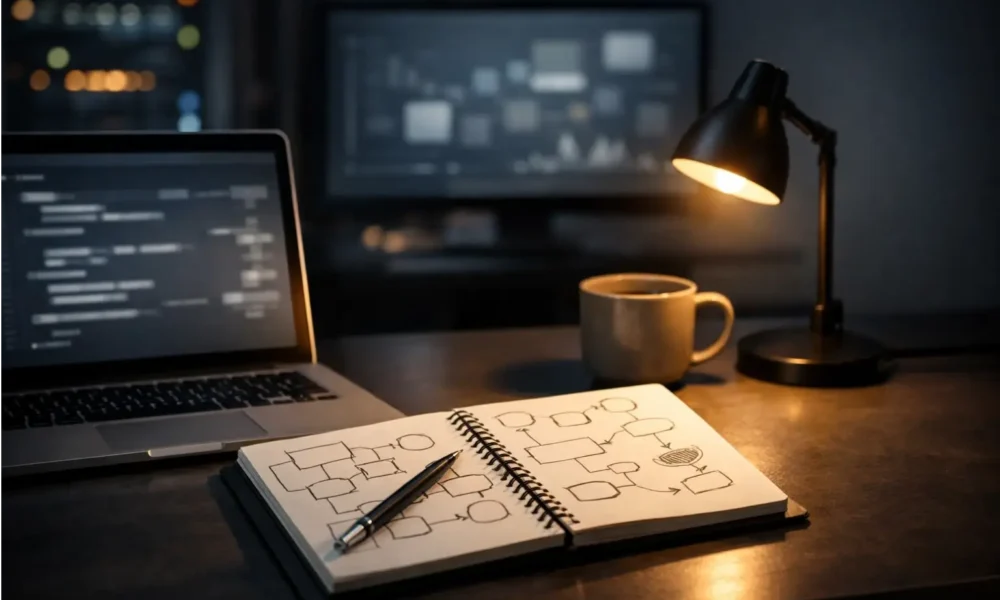 A laptop and notebook showing a step-by-step planning setup for AI reasoning.