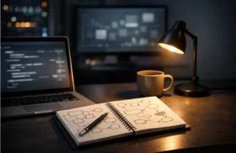 A laptop and notebook showing a step-by-step planning setup for AI reasoning.