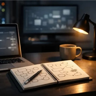 A laptop and notebook showing a step-by-step planning setup for AI reasoning.
