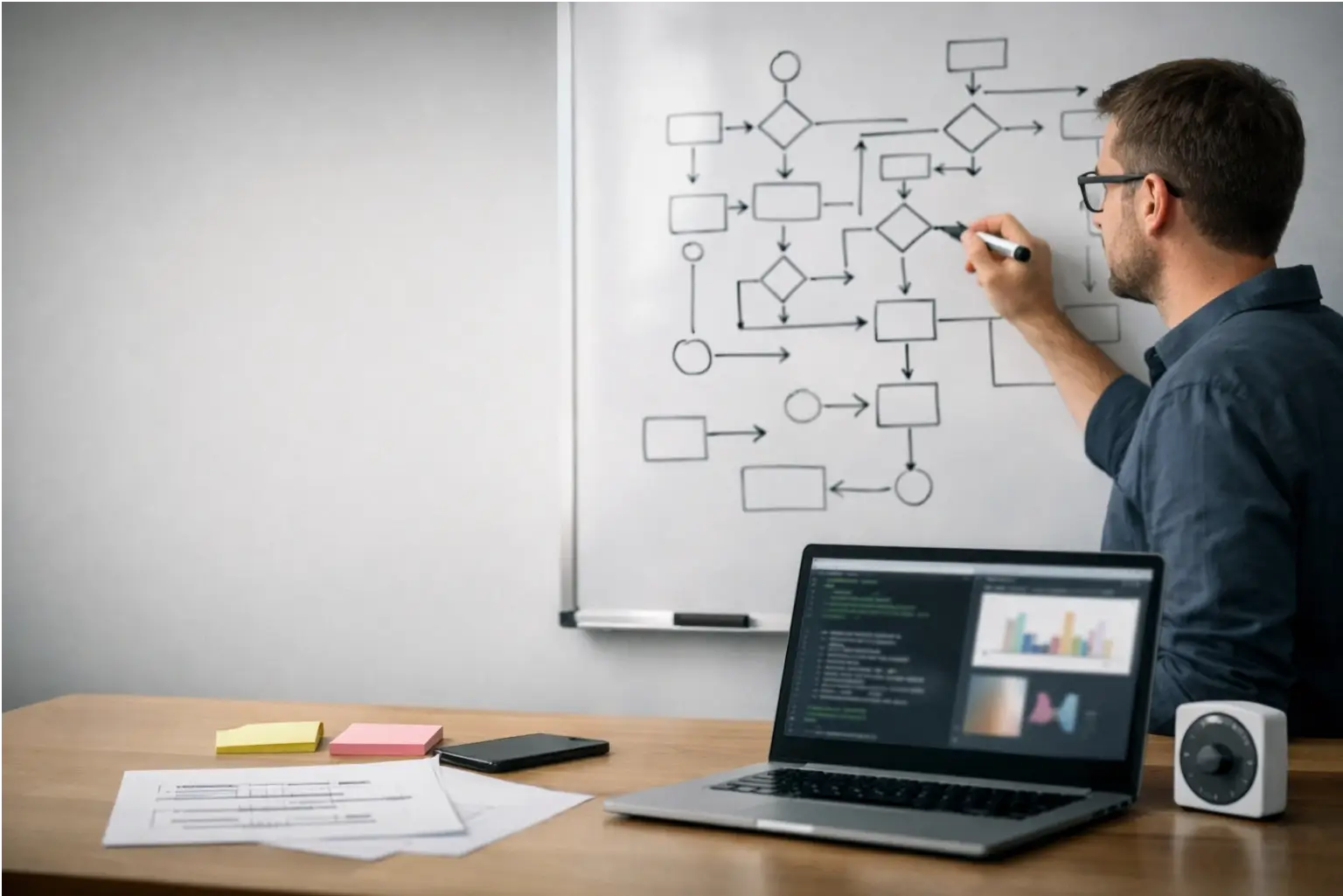 A person using a whiteboard to plan and check a complex problem.