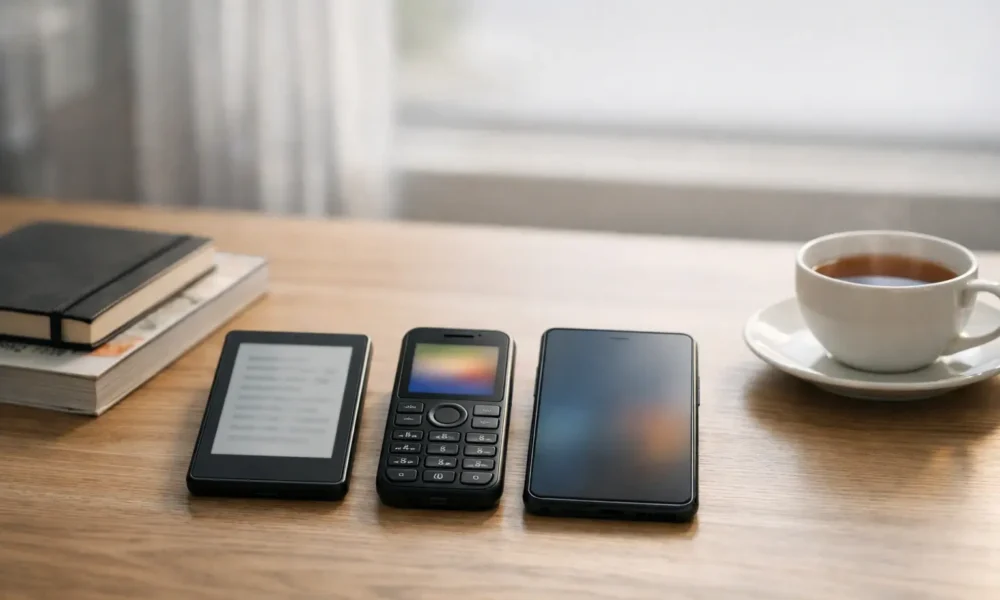 E-reader, dumb phone, and a simple phone on a clean desk