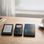 E-reader, dumb phone, and a simple phone on a clean desk