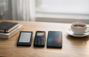 E-reader, dumb phone, and a simple phone on a clean desk