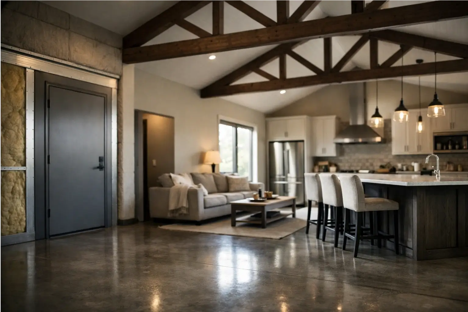 Open-plan barndominium interior with kitchen island and high ceiling.