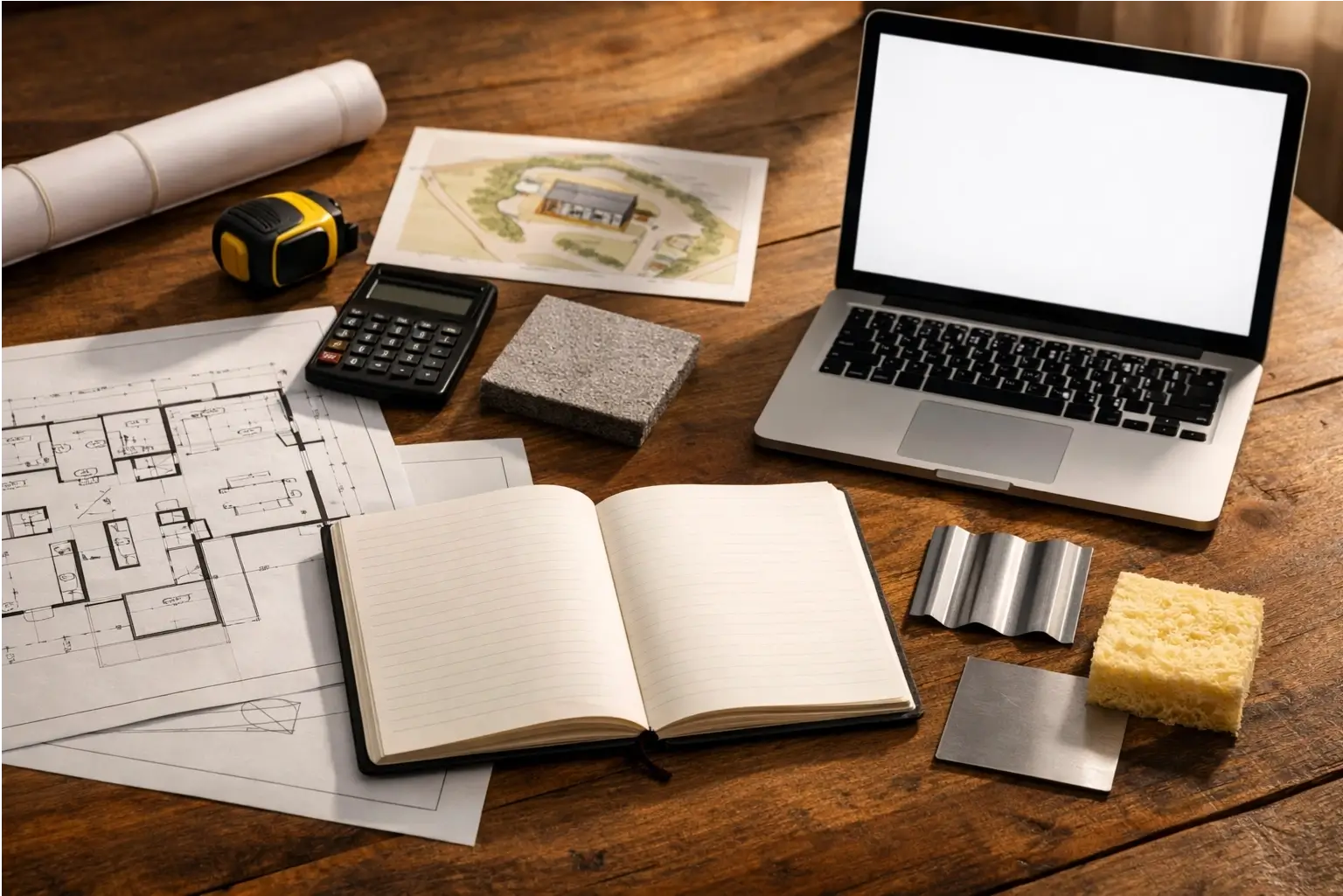 Barndominium plans and budget tools on a desk in the UK.