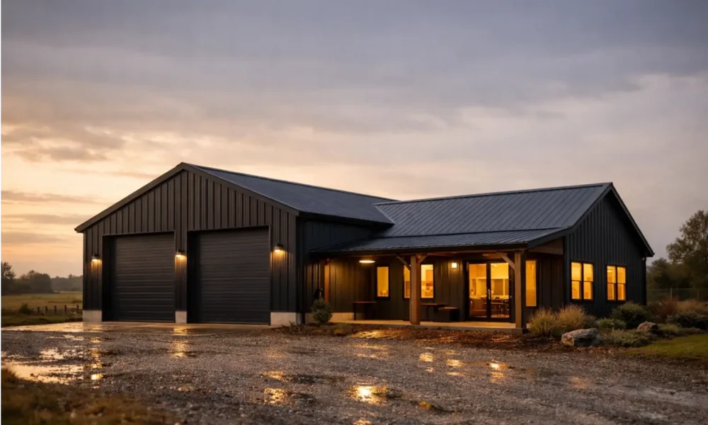 Barndominium-style home with a large workshop in rural UK.