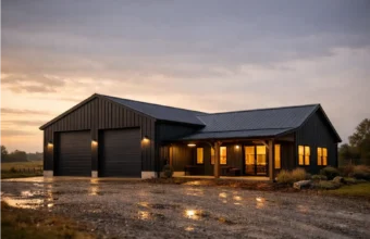 Barndominium-style home with a large workshop in rural UK.