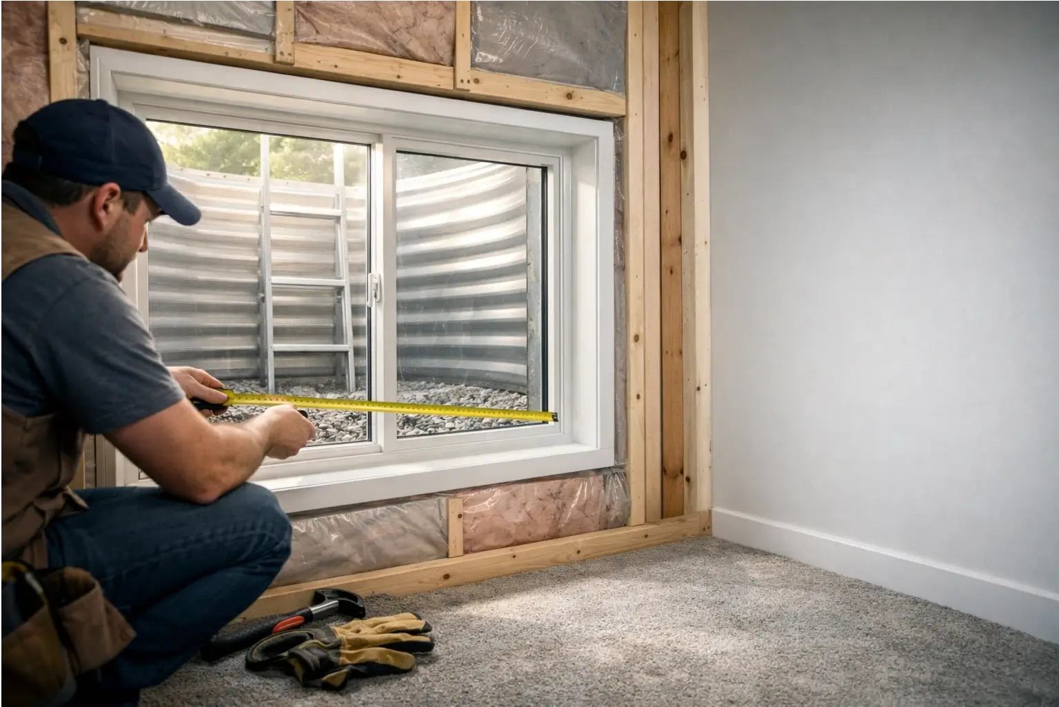 New basement egress window and window well for safe exit