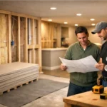 Contractor and homeowner planning a basement ADU remodel
