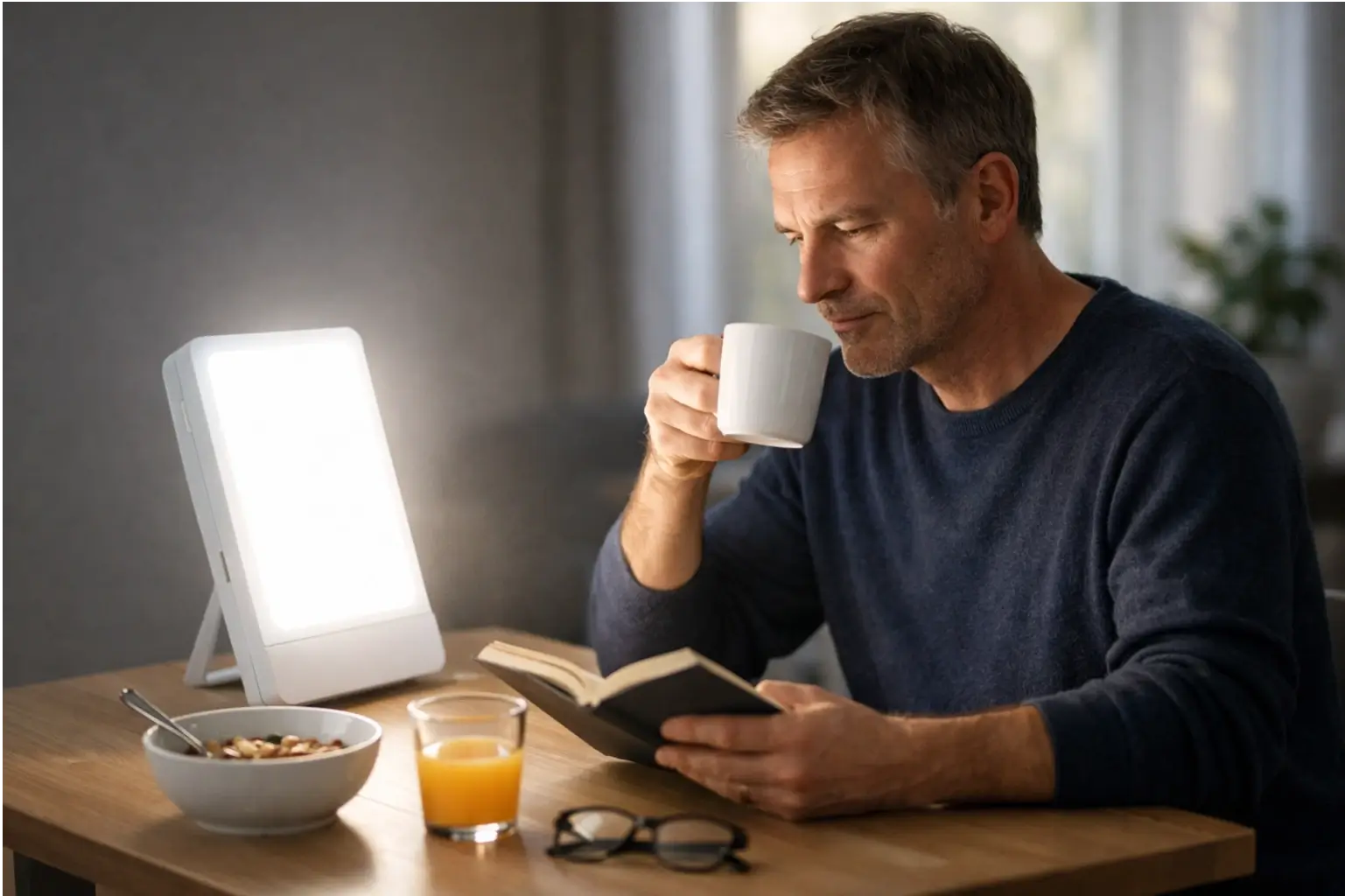 Person using a bright light therapy box in the morning
