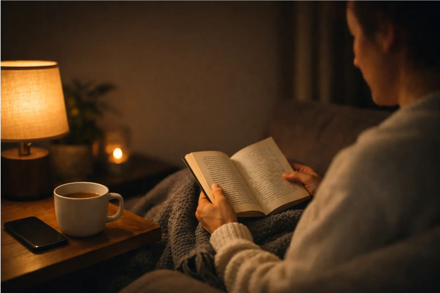 Person reading in dim light with a phone placed face down