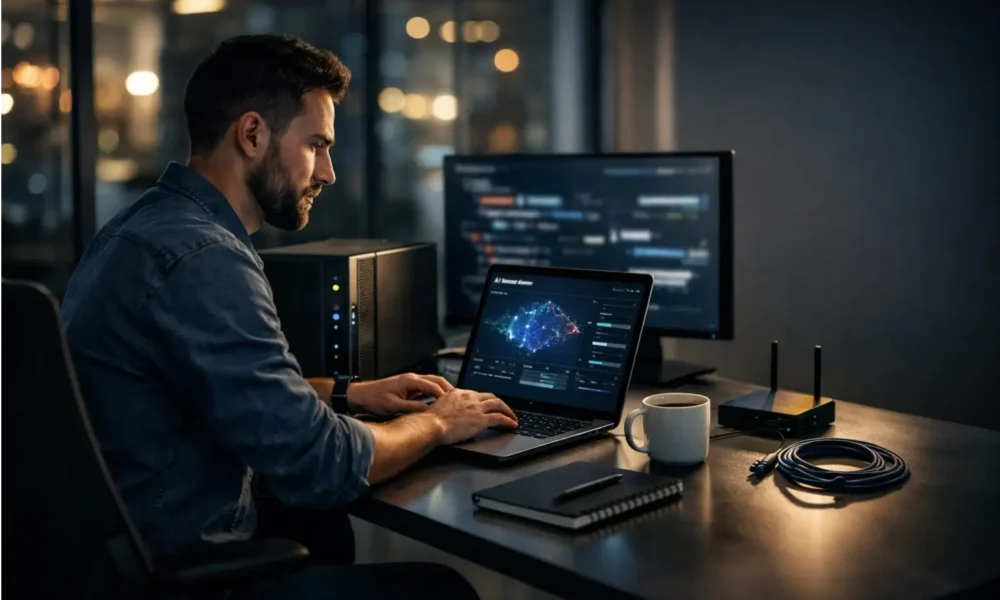 Developer running an AI model locally in a modern office.