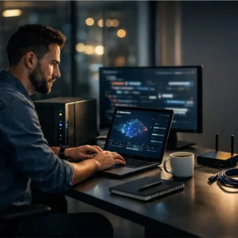 Developer running an AI model locally in a modern office.
