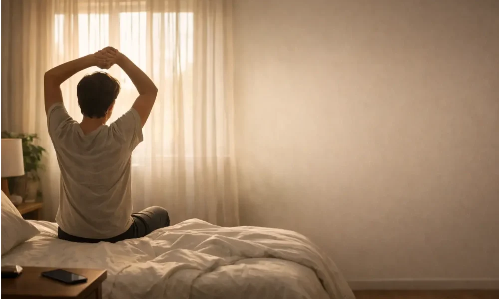 Person stretching in a bedroom with morning sunlight coming through the window