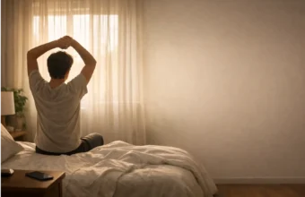 Person stretching in a bedroom with morning sunlight coming through the window