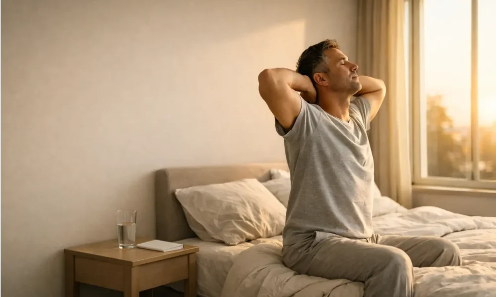 Person stretching in soft morning sunlight by a window