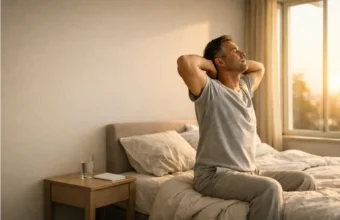 Person stretching in soft morning sunlight by a window